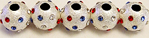 Satin Sterling Silver Beads with Red, White and Blue Rhinestones